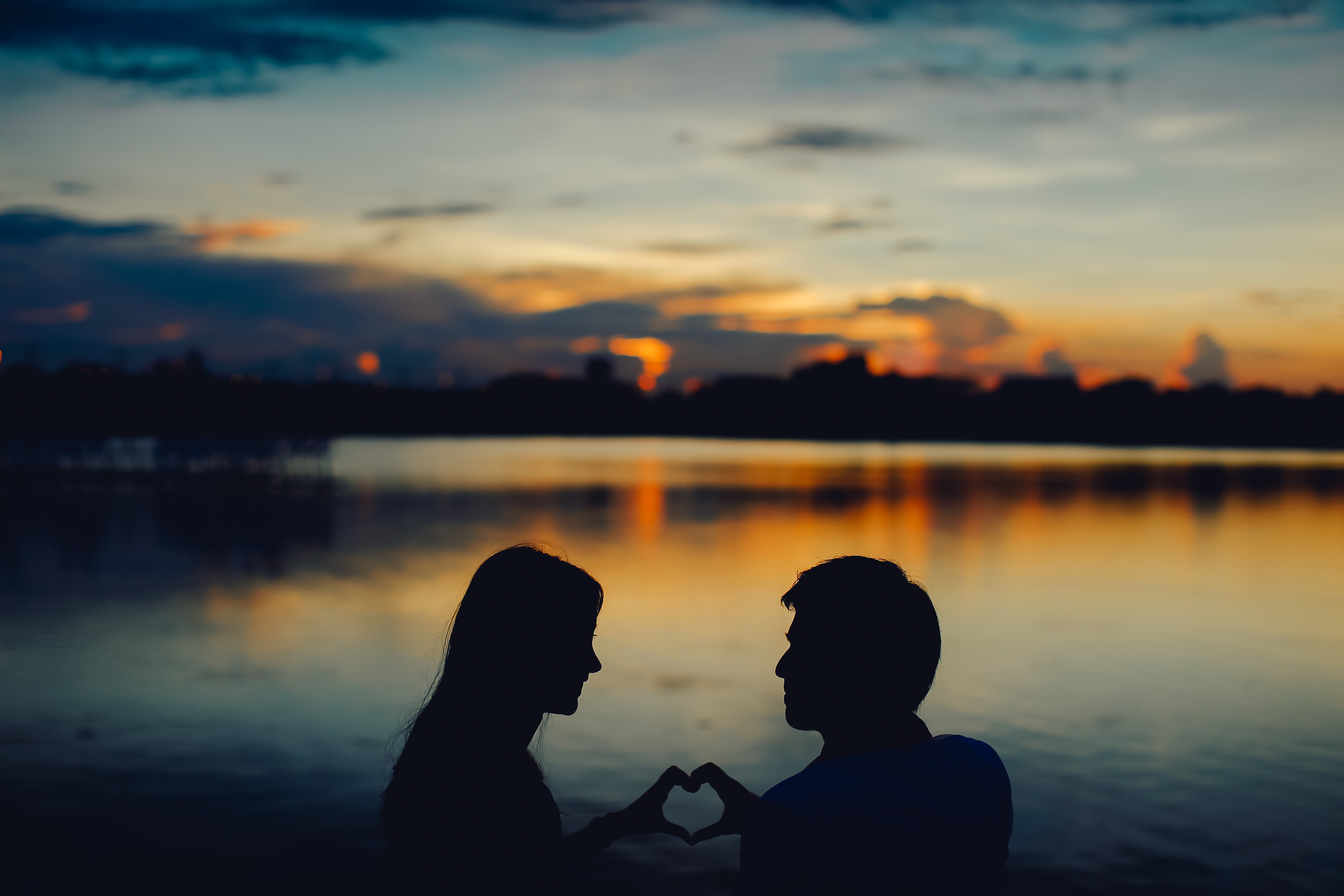 Couple Love Water Sunset Silhouette Heart Hands